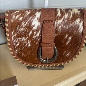 Brown and White Haircalf Crossbody Saddle Bag